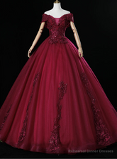 An Extra 40% Off Storewide Burgundy Ball Gown Tulle Appliques Off the Shoulder Quinceanera Dress